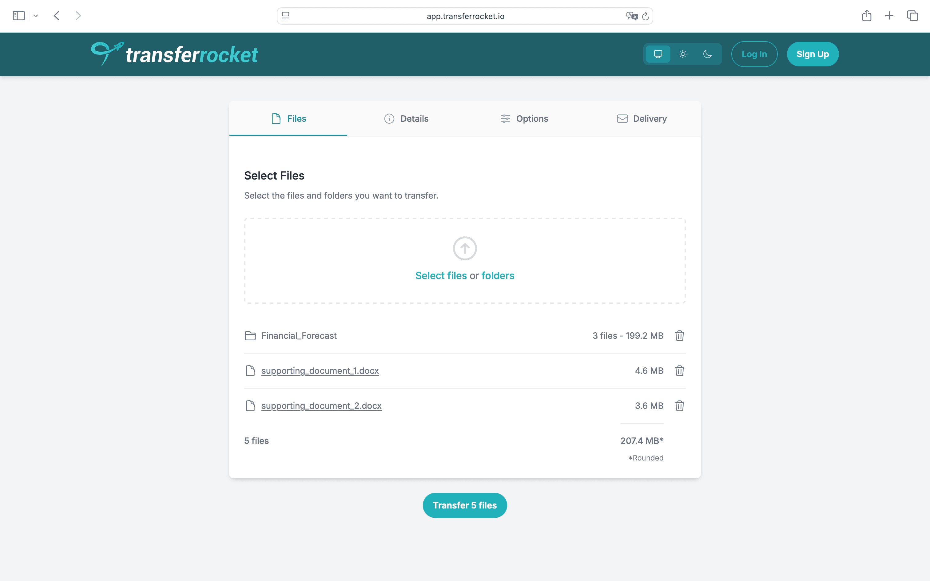 TransferRocket file upload interface showing transfer configuration options