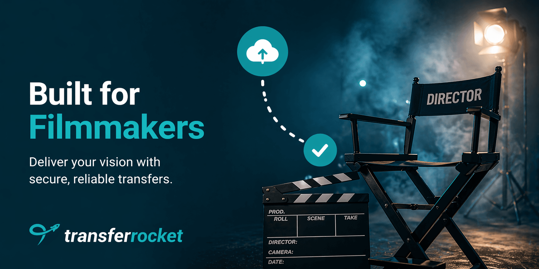 Film production set with director chair and clapperboard representing filmmakers delivering large video projects via reliable file transfer