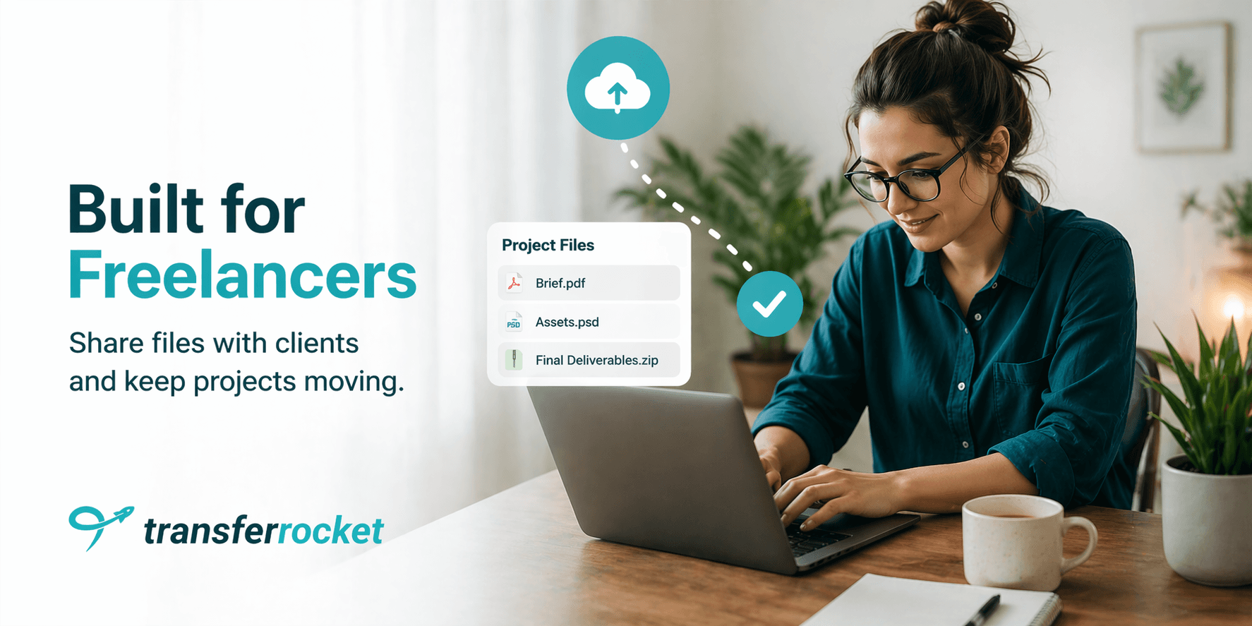 Freelancer working on a laptop and sharing project files with clients using an easy and efficient file transfer platform
