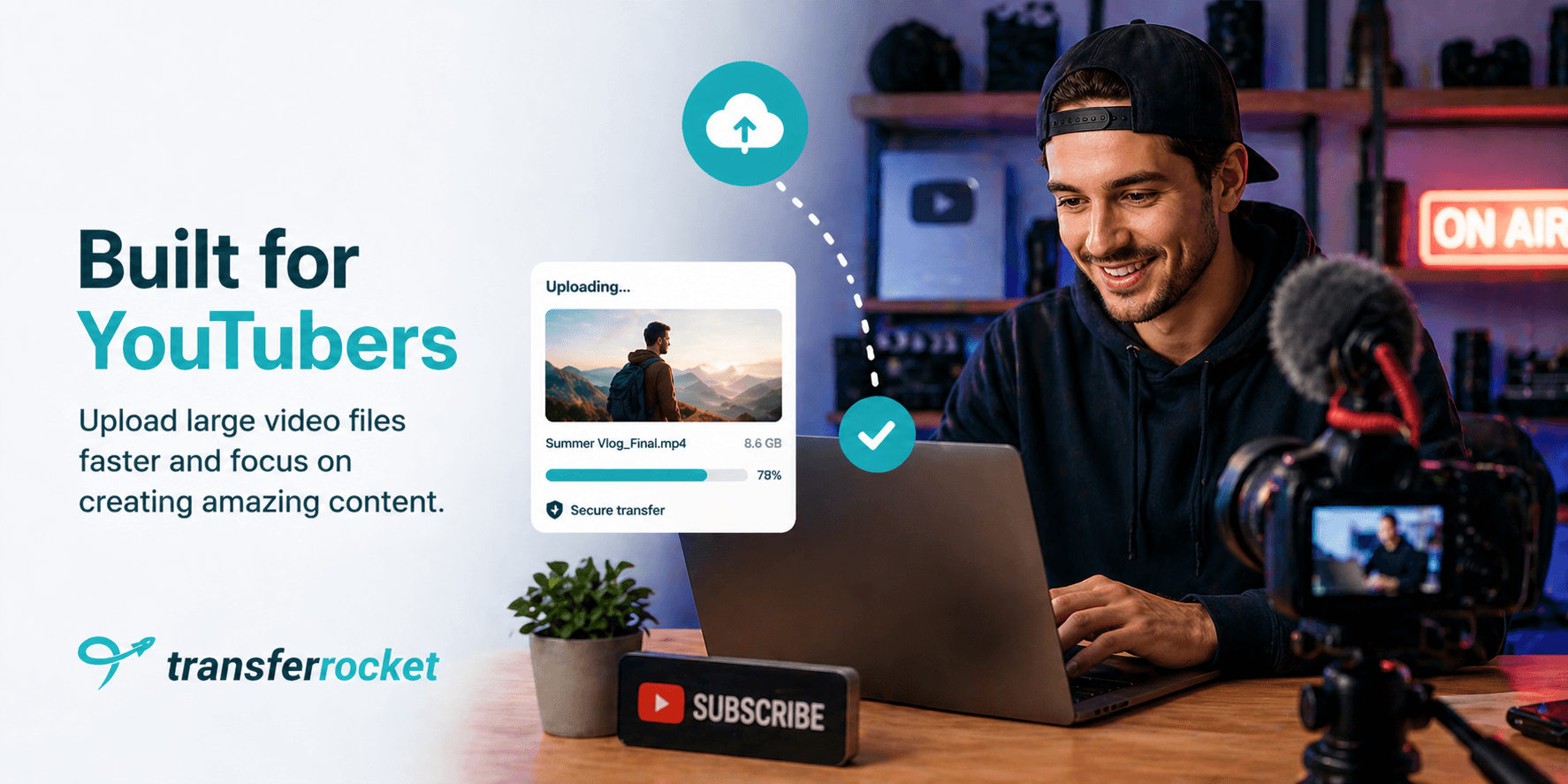YouTuber recording video content and uploading large video files quickly using a fast online file transfer tool