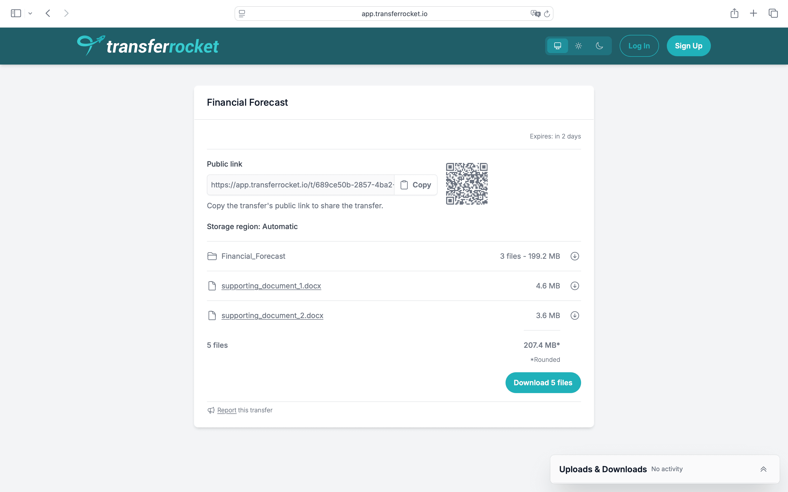 TransferRocket download page showing shared transfer link and file list
