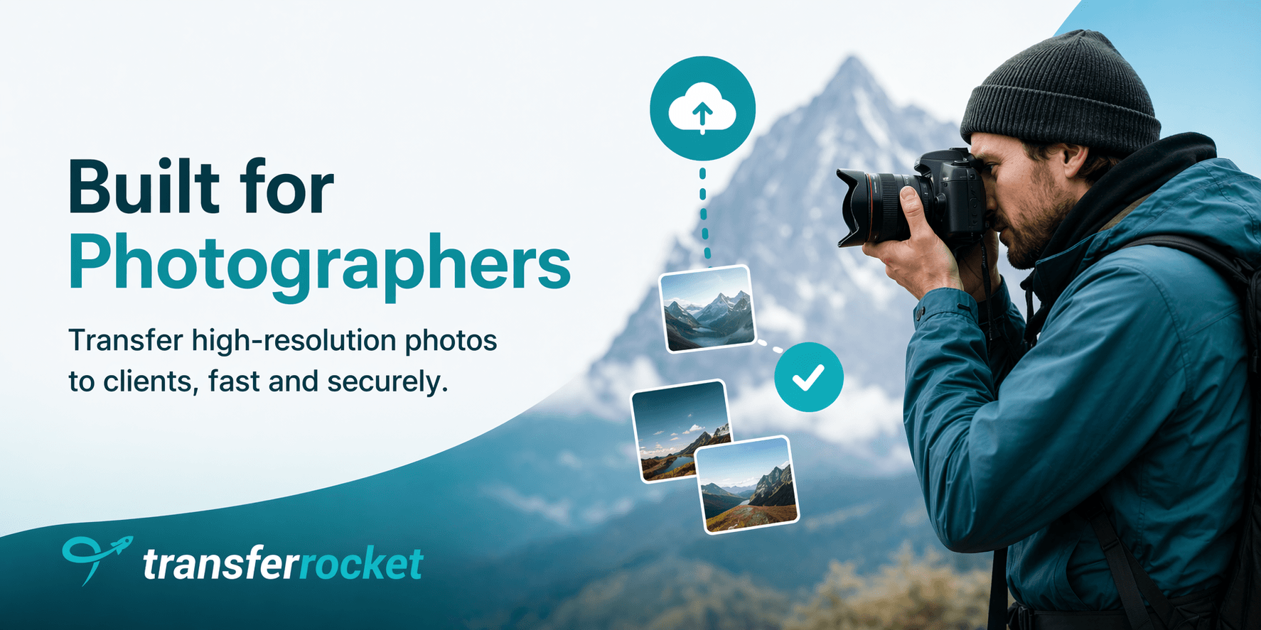 Photographer taking high-resolution landscape photos and uploading them to clients using a fast and secure file transfer service
