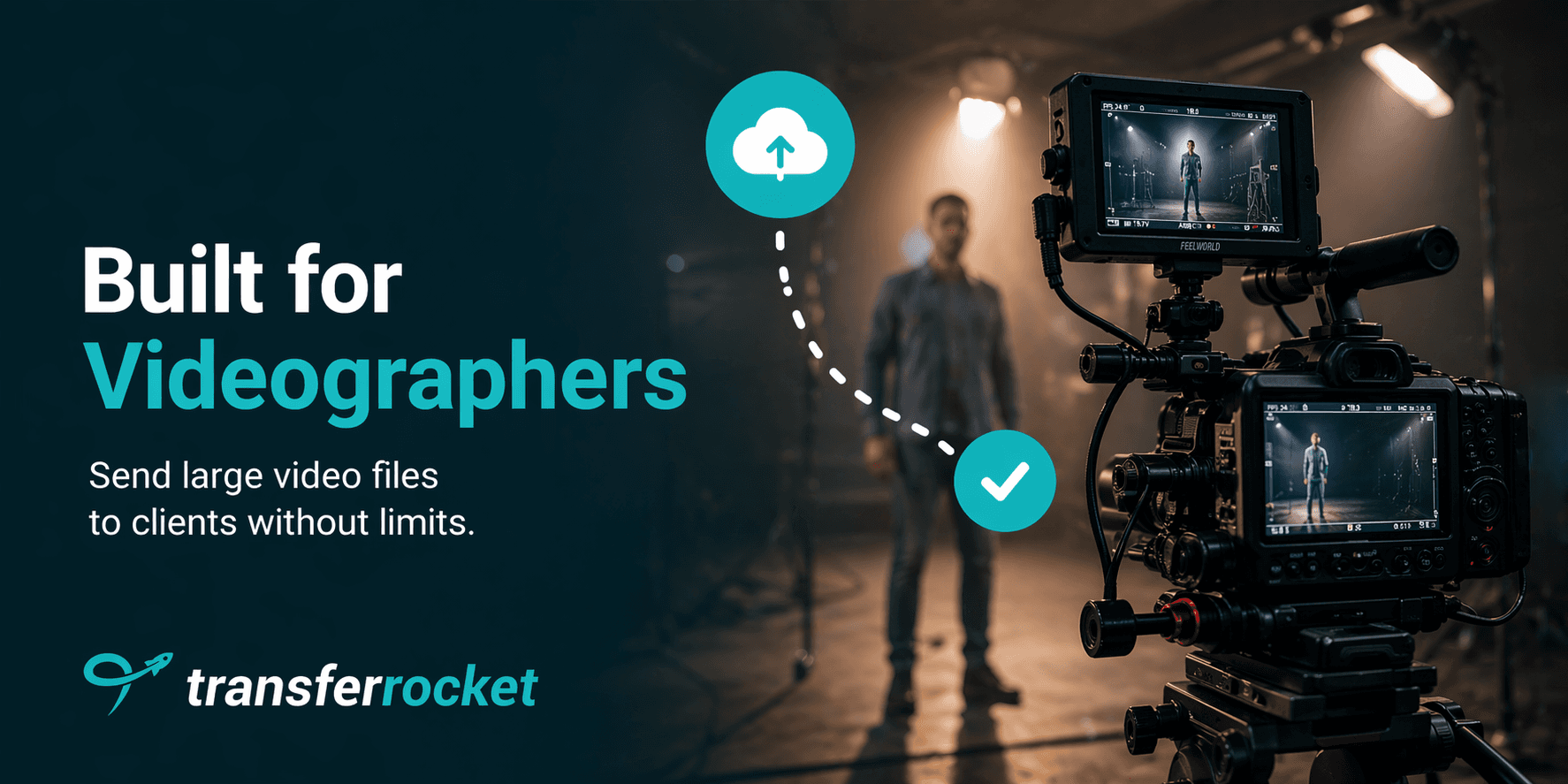 Professional videographer filming with a cinema camera and transferring large video files to clients quickly and securely